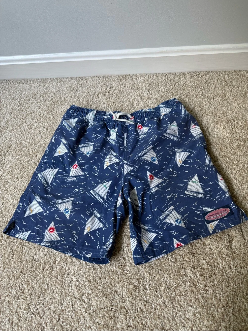 Vineyard Vines kids Navy Sailboat Print Swim Shorts